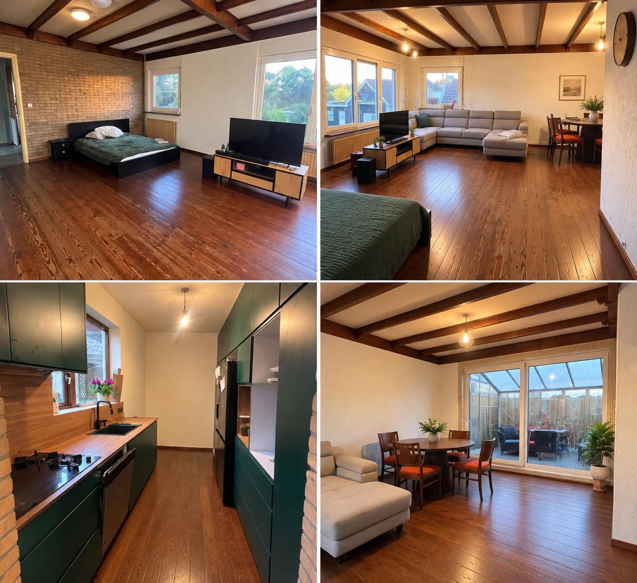 Apartment living room, sleeping area and kitchen collage